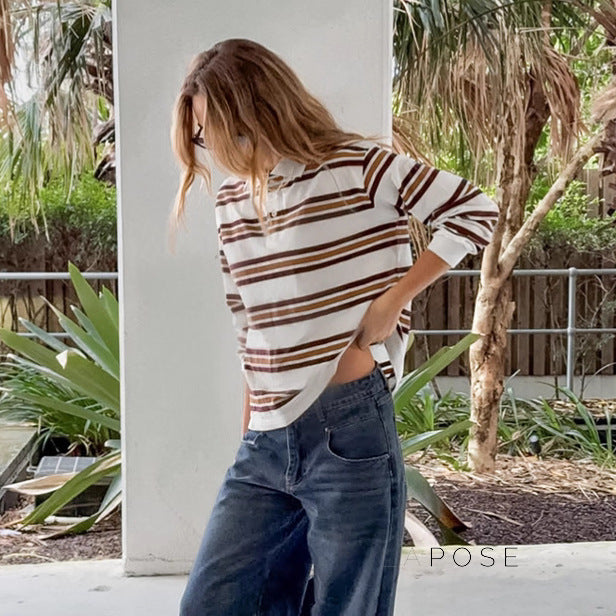 Elif Striped Knit Polo Top [AJBJV013]