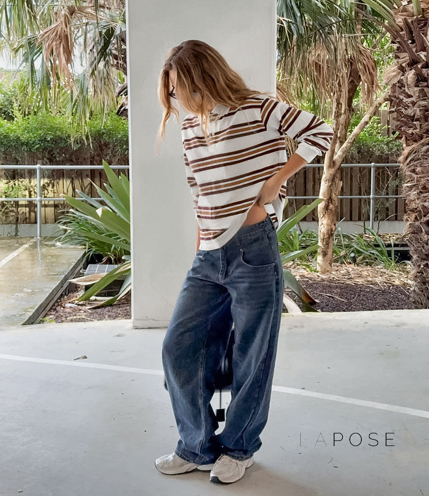 Elif Striped Knit Polo Top [JV1YESHB]
