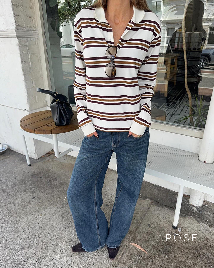 Elif Striped Knit Polo Top [GJL1AMKN]