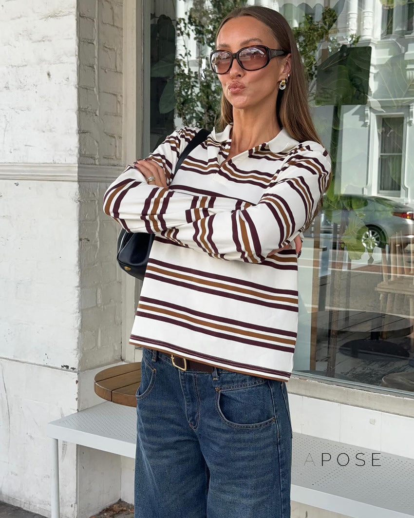 Elif Striped Knit Polo Top [4VBLYHLL]