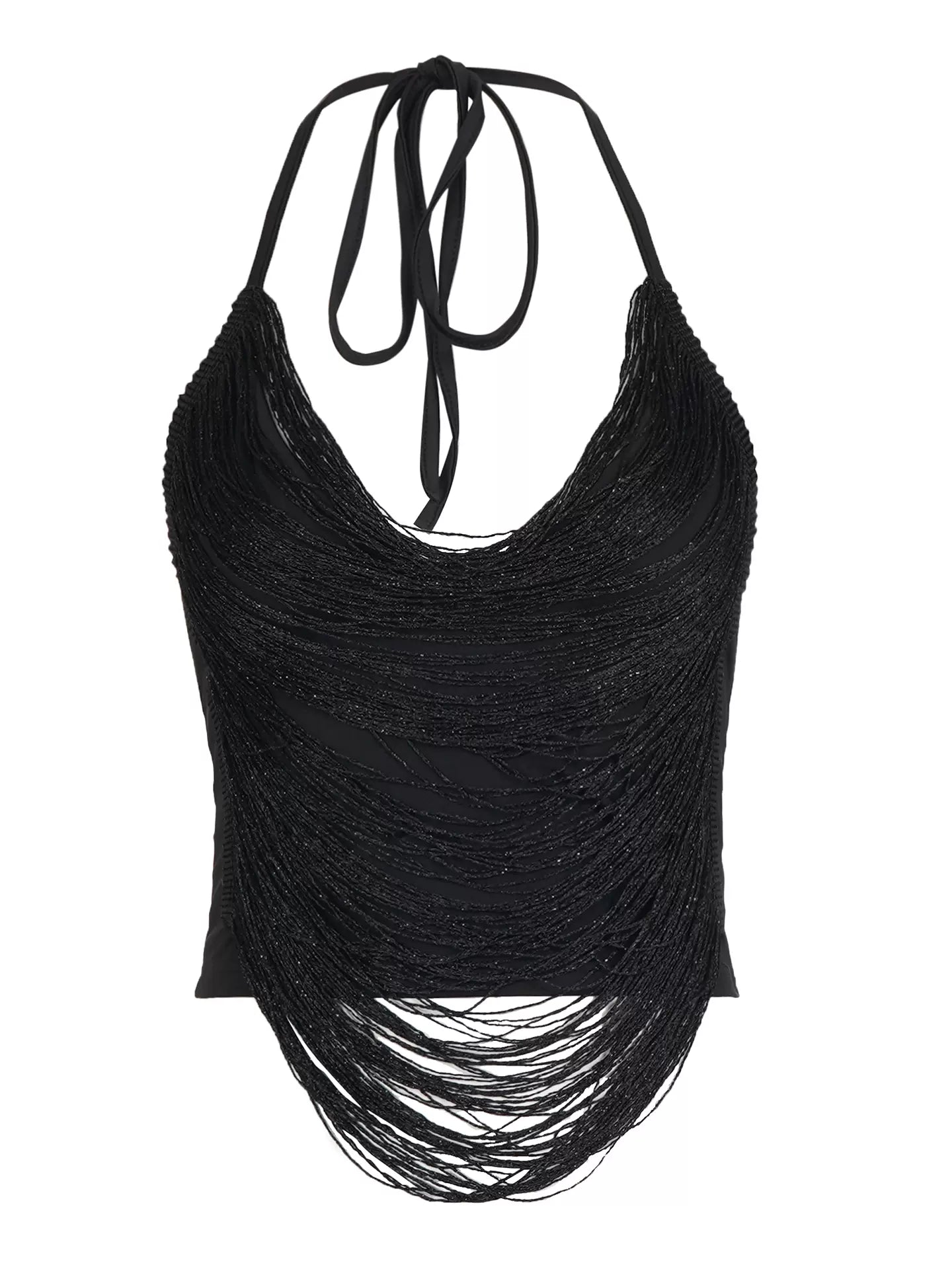 LaPose - Elisia Asymmetric Fringe Halter Top - Black Color