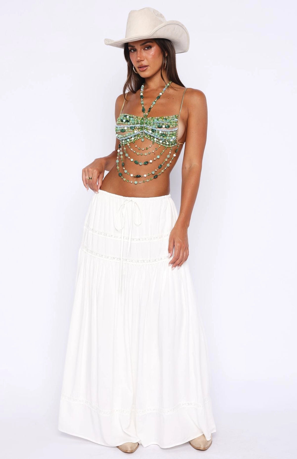 LaPose Elyn Beaded Halter Top - Green