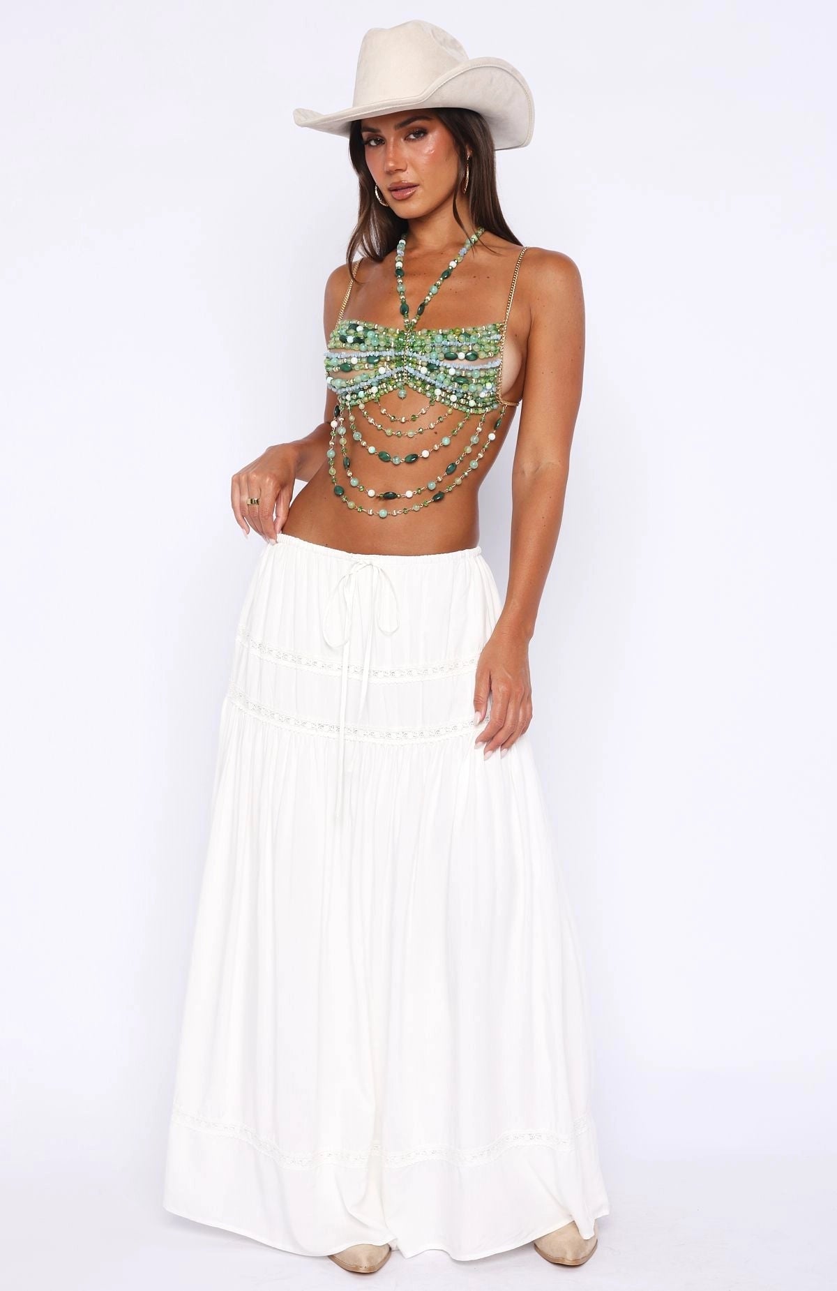 LaPose Elyn Beaded Halter Top - Green