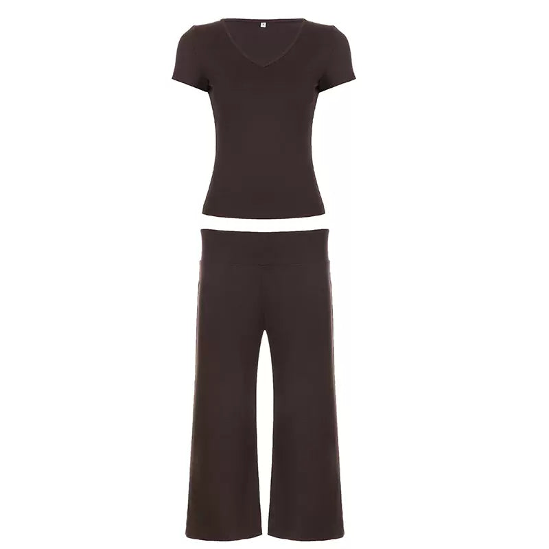 Emberlee V-Neck Top and Pants Set - Brown Color