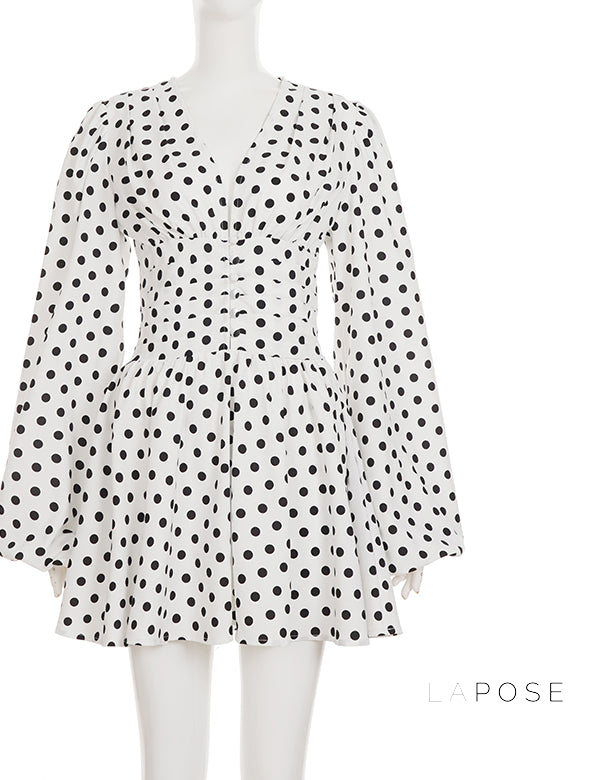 Embry Polka Dot Puff Sleeve Dress [DH3U1C26]