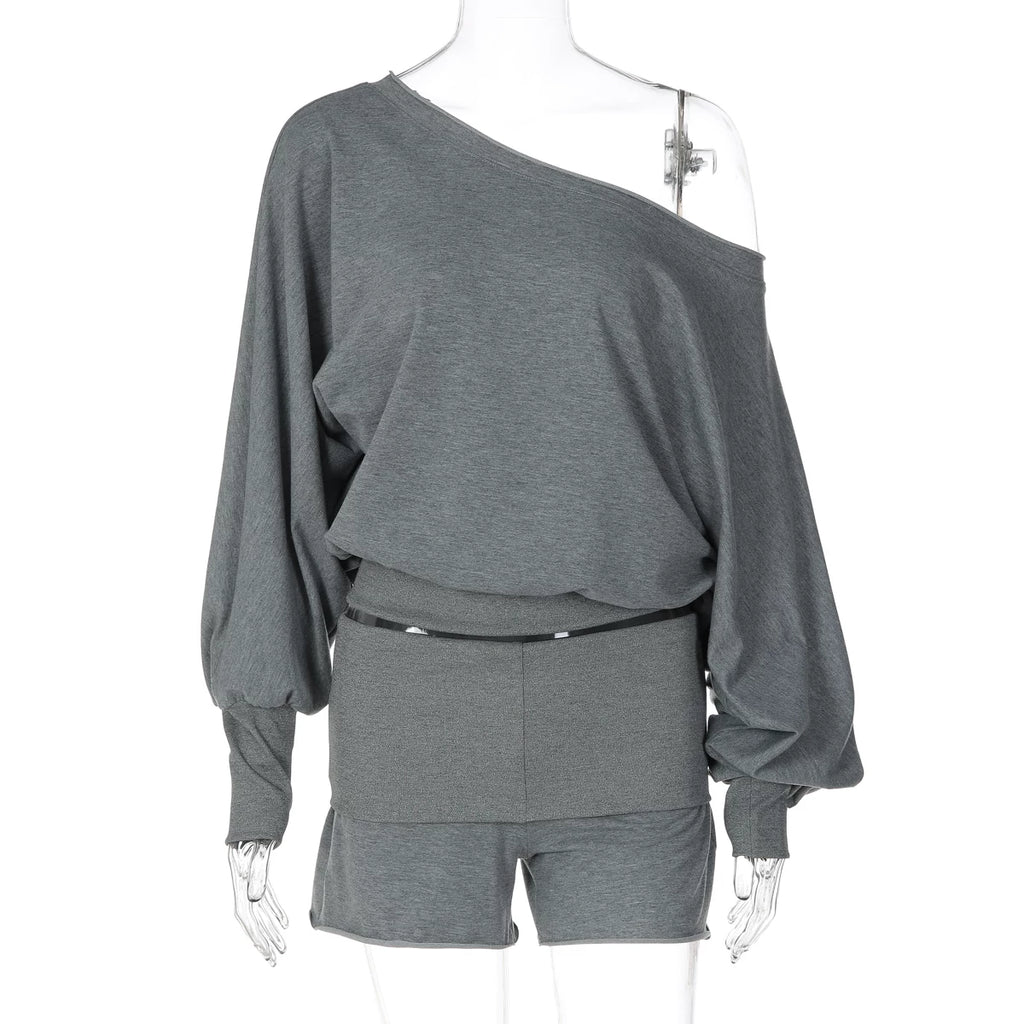 LaPose - Emmylou Off-Shoulder Sweatshirt Shorts Set - Grey Color