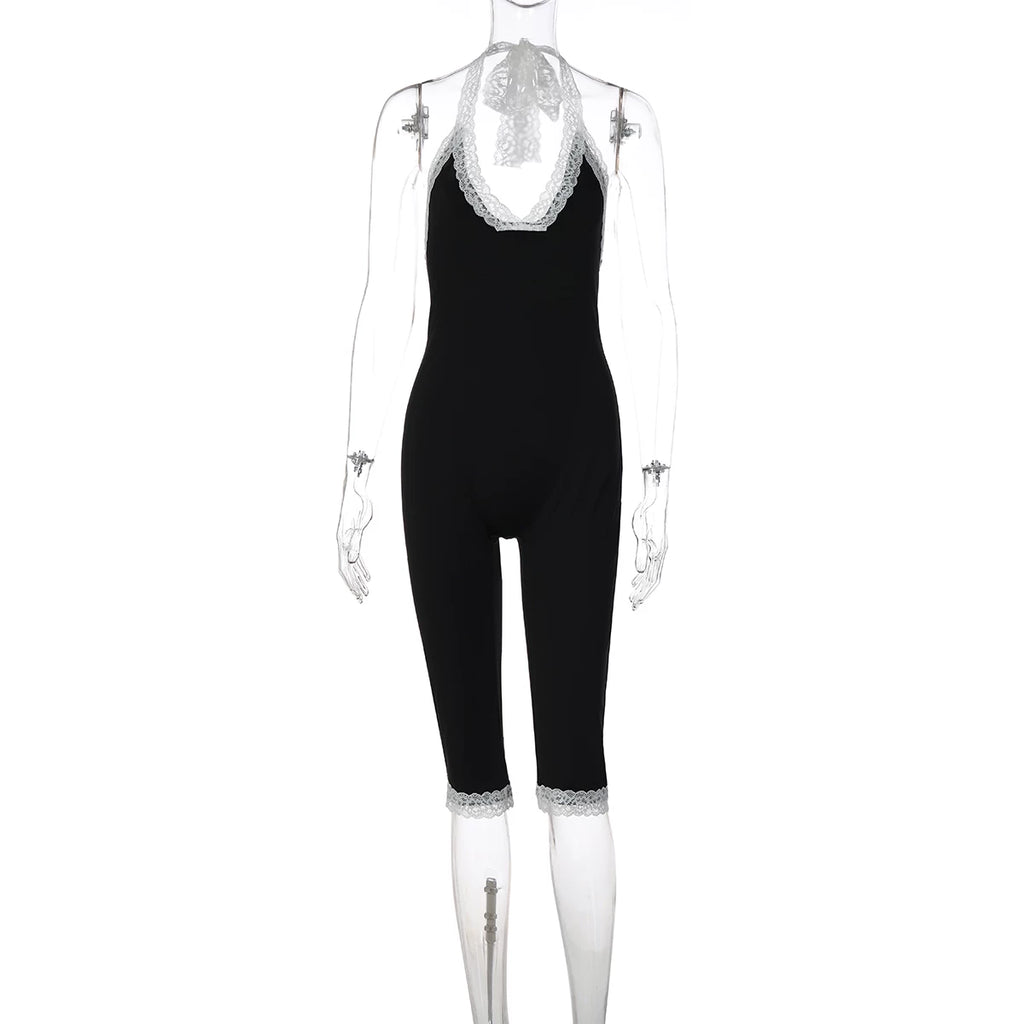 LaPose - Erica Lace Trim Halter Jumpsuit - Black Color