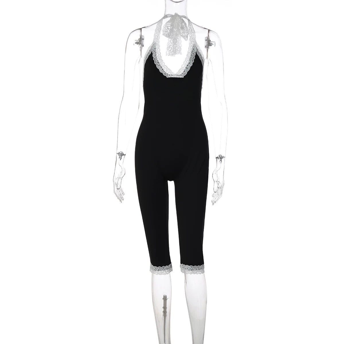 LaPose - Erica Lace Trim Halter Jumpsuit - Black Color