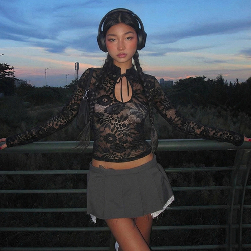 Floral Lace Sheer Mock Neck Top [SCMGE1IA]