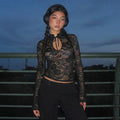 Floral Lace Sheer Mock Neck Top [5PPB2X7W]