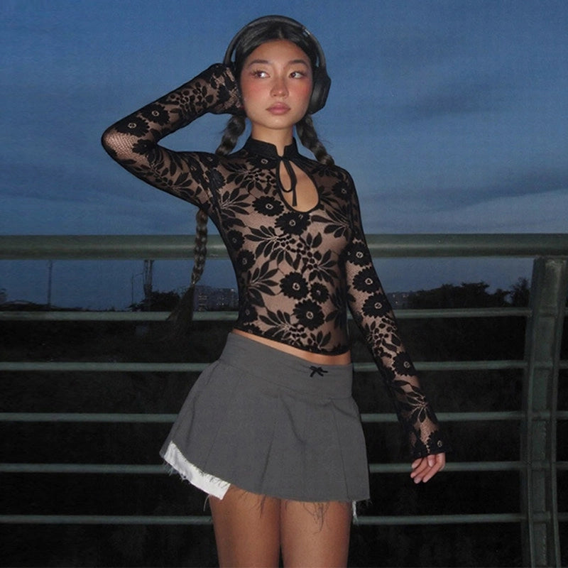 Floral Lace Sheer Mock Neck Top [9PS21KON]