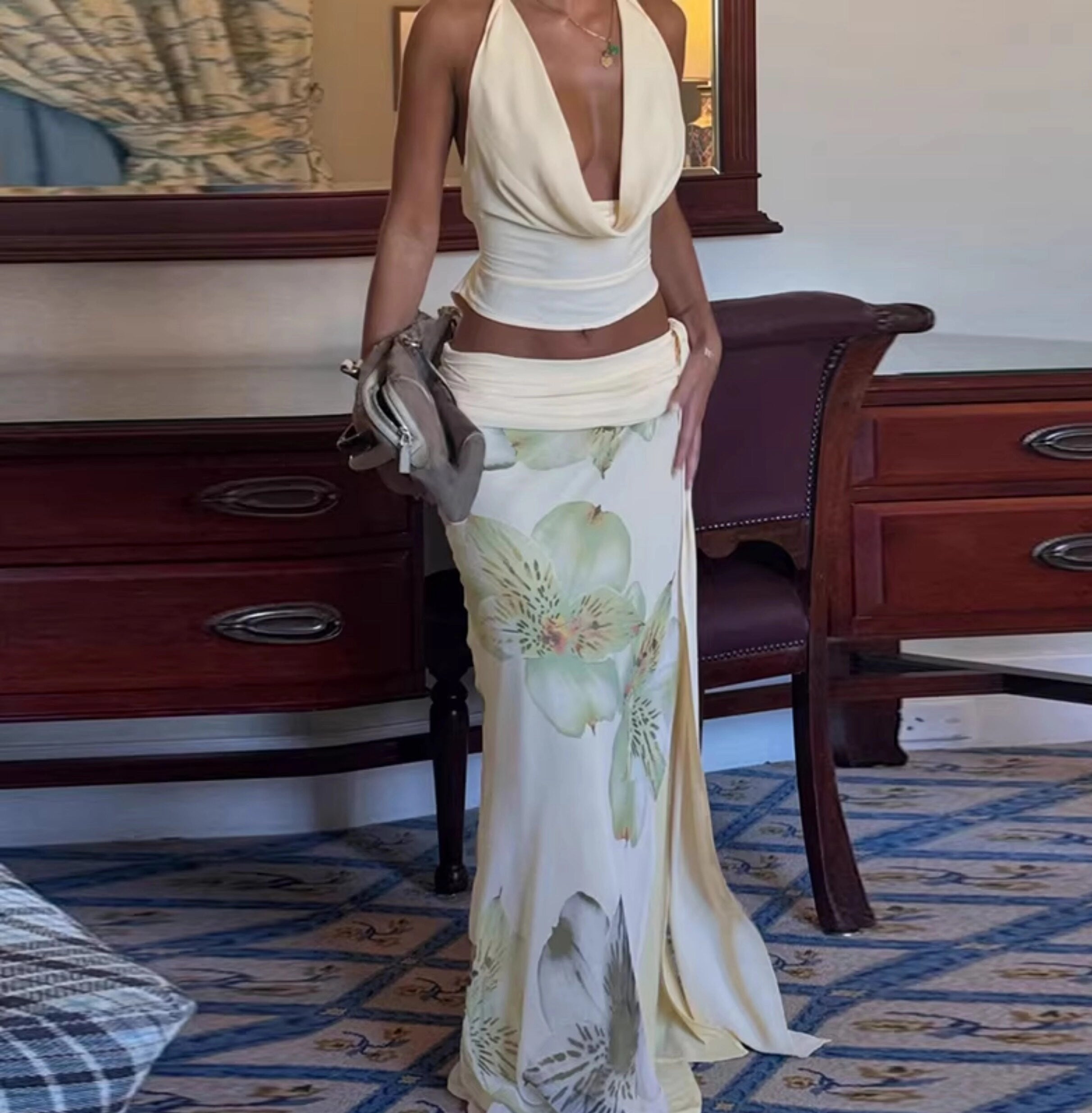 Floral Slit Maxi Skirt Set [T4EGHBA8]