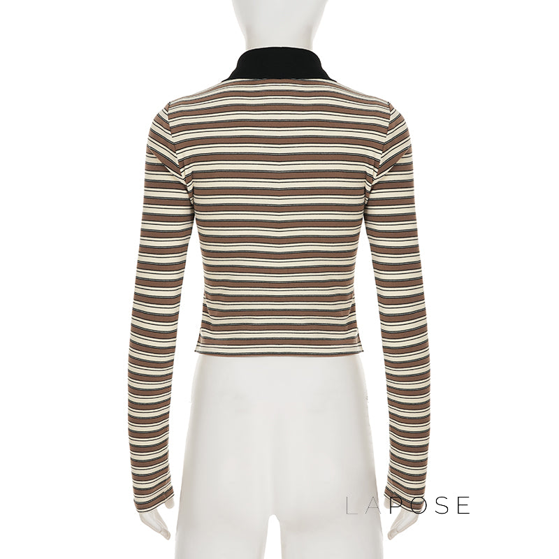 Germani Striped Long Sleeve Polo Top [AMPN8BZ3]