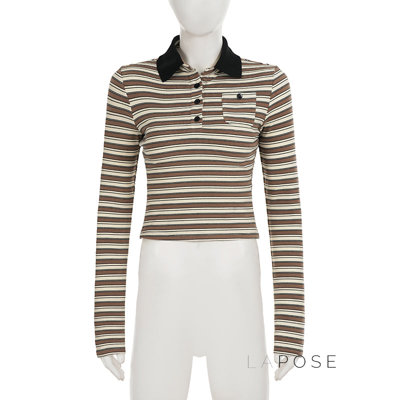 Germani Striped Long Sleeve Polo Top [R9M4DPSJ]