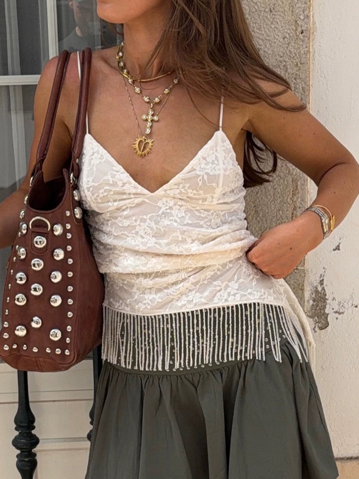 LaPose - Goldy Asymmetric Lace Fringe Camisole