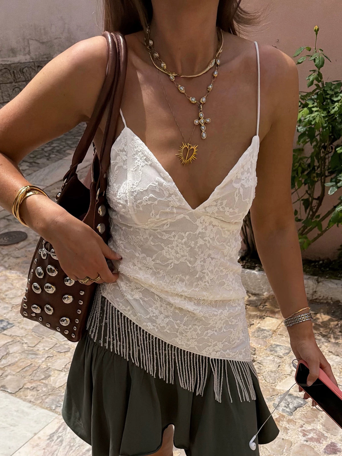 LaPose - Goldy Asymmetric Lace Fringe Camisole