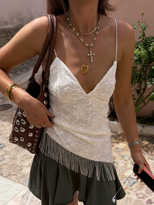 LaPose - Goldy Asymmetric Lace Fringe Camisole