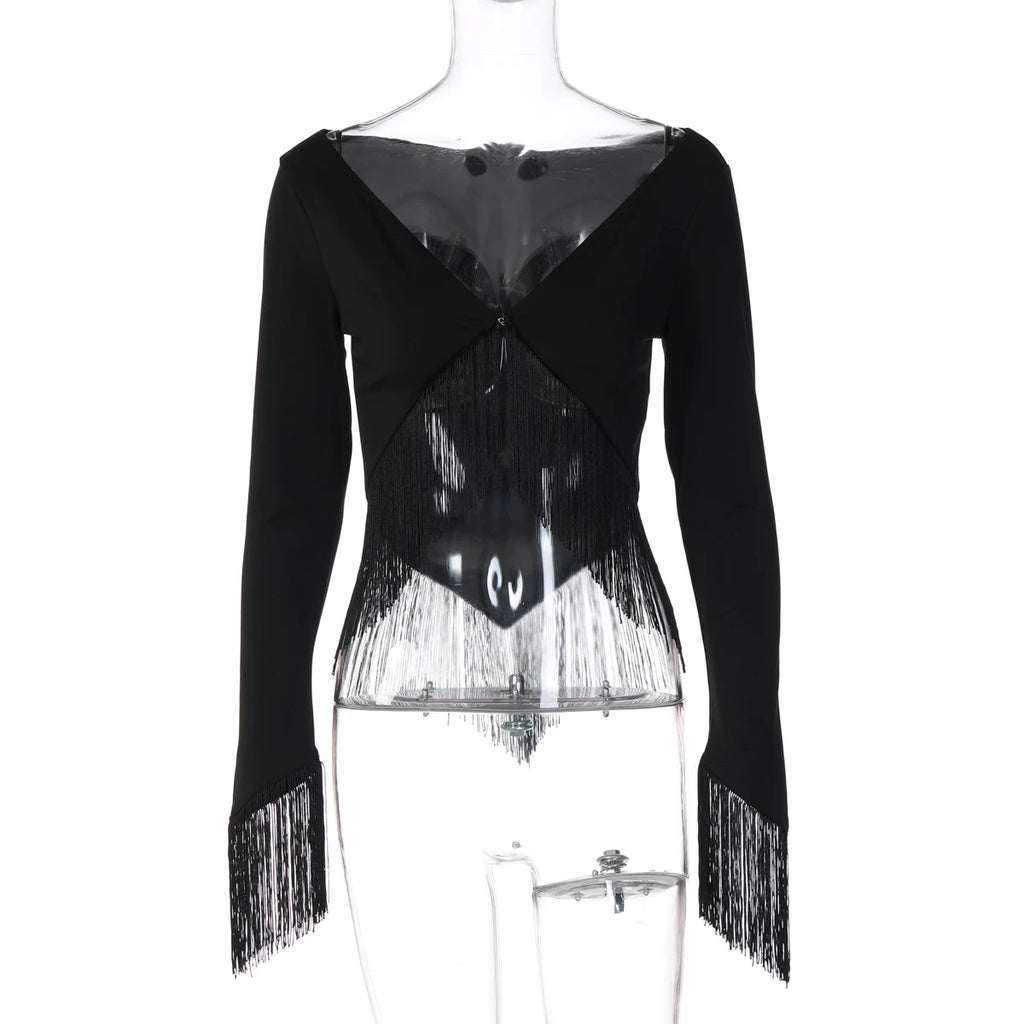 LaPose - Gracelynne Fringe Long Sleeve Crop Top - Black Color