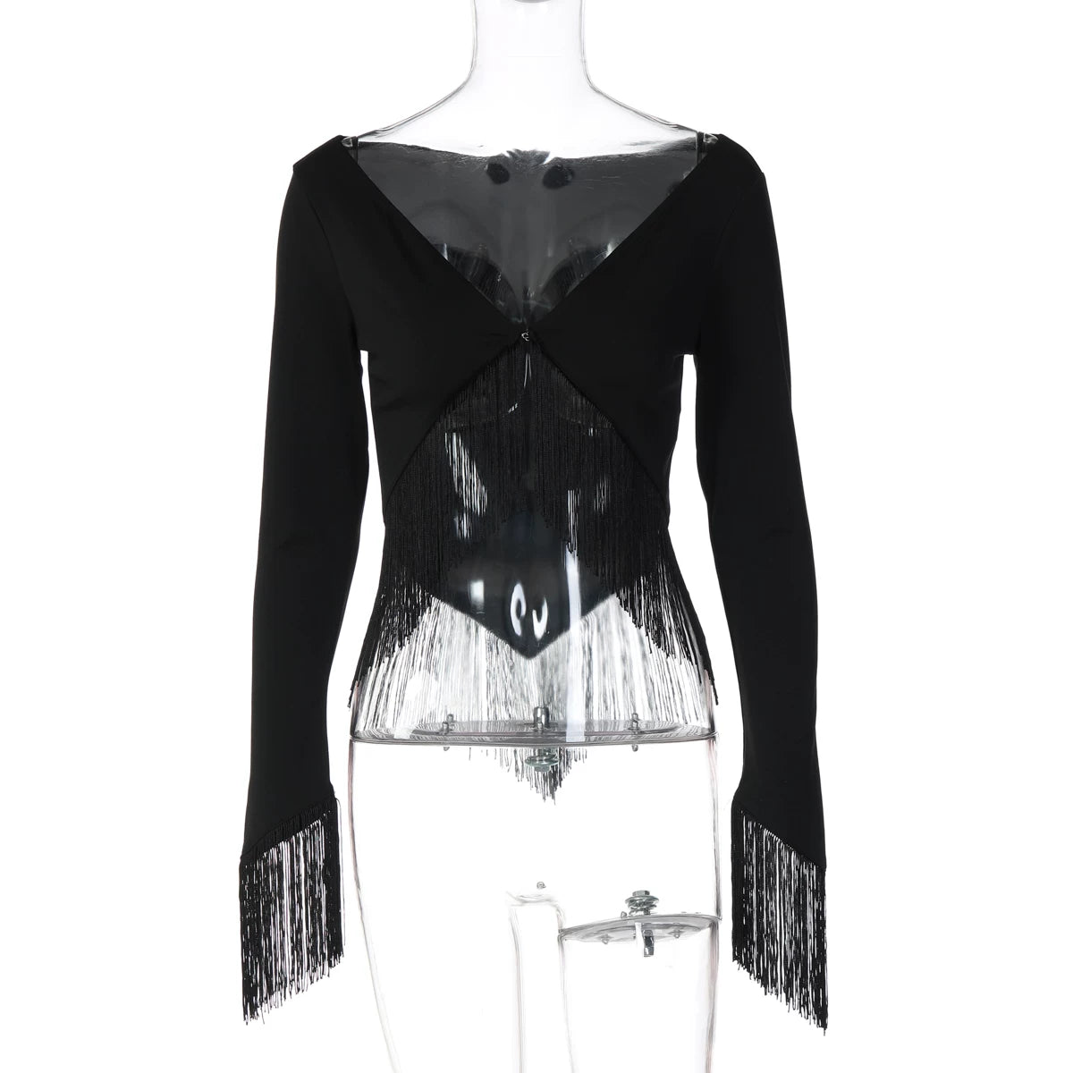 LaPose - Gracelynne Fringe Long Sleeve Crop Top - Black Color