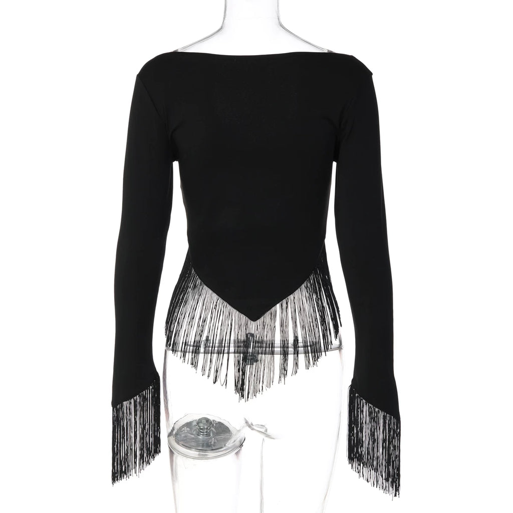 LaPose - Gracelynne Fringe Long Sleeve Crop Top