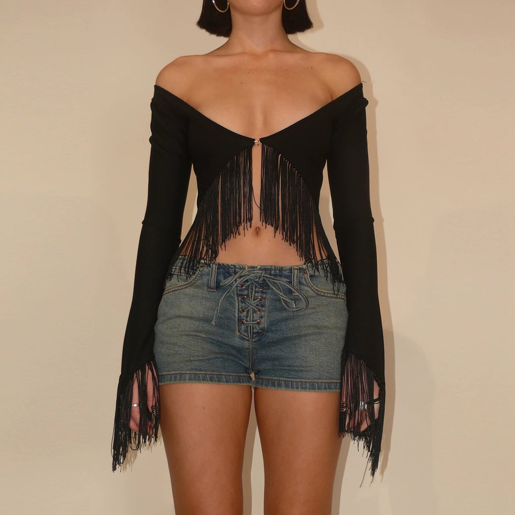 LaPose - Gracelynne Fringe Long Sleeve Crop Top