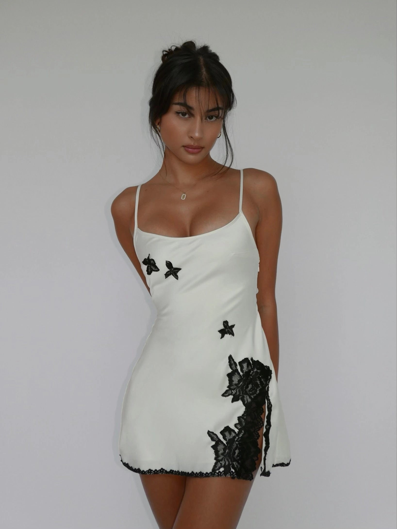 LaPose Grayce Scalloped Lace Satin Mini Dress