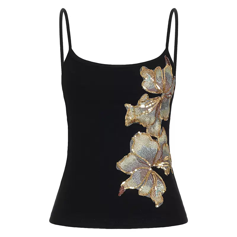 LaPose - Grayson Sequin Floral Embroidered Camisole - Black Color