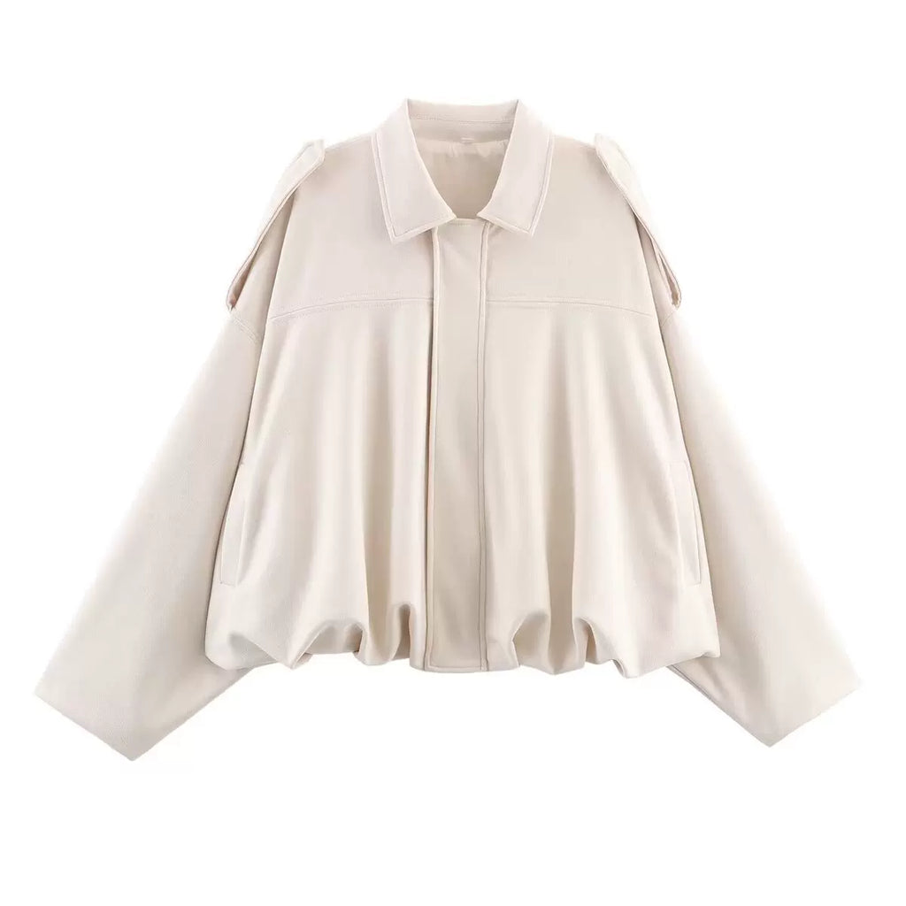 LaPose - Hadassah Oversized Faux Suede Bomber - Cream with Pockets Color