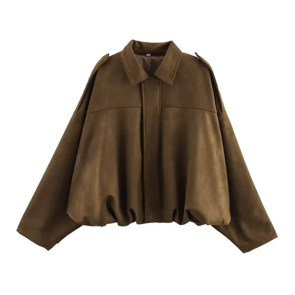 LaPose - Hadassah Oversized Faux Suede Bomber - Chestnut Color