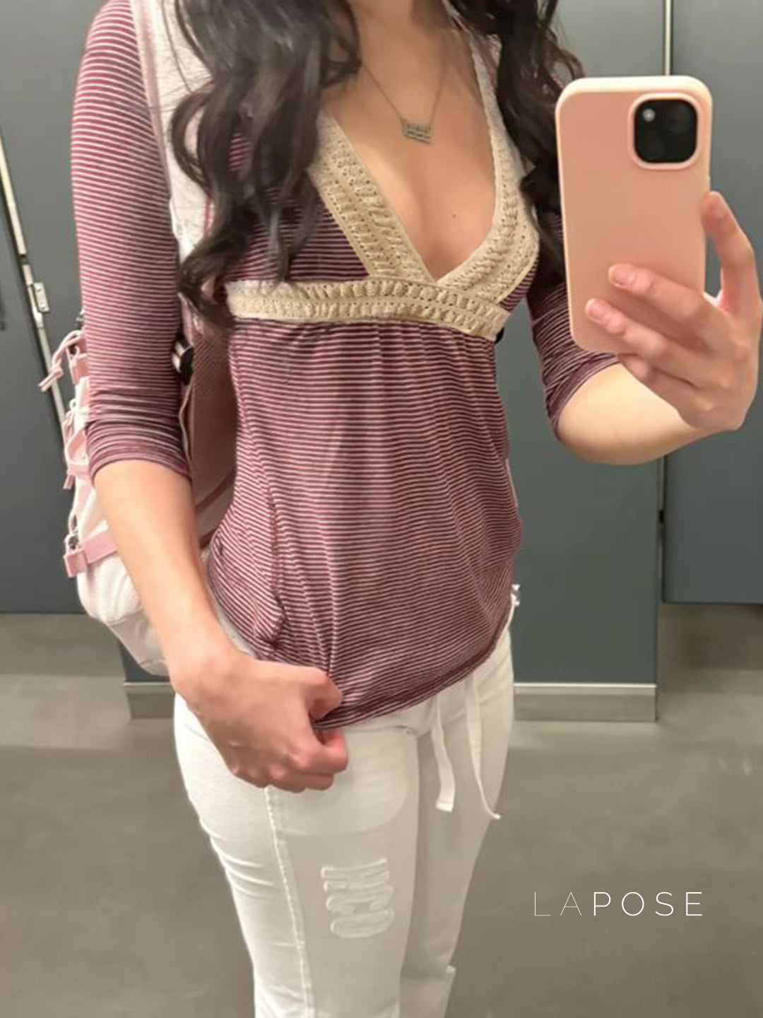 Haley Red Striped Lace Top [Z81YVVL6]