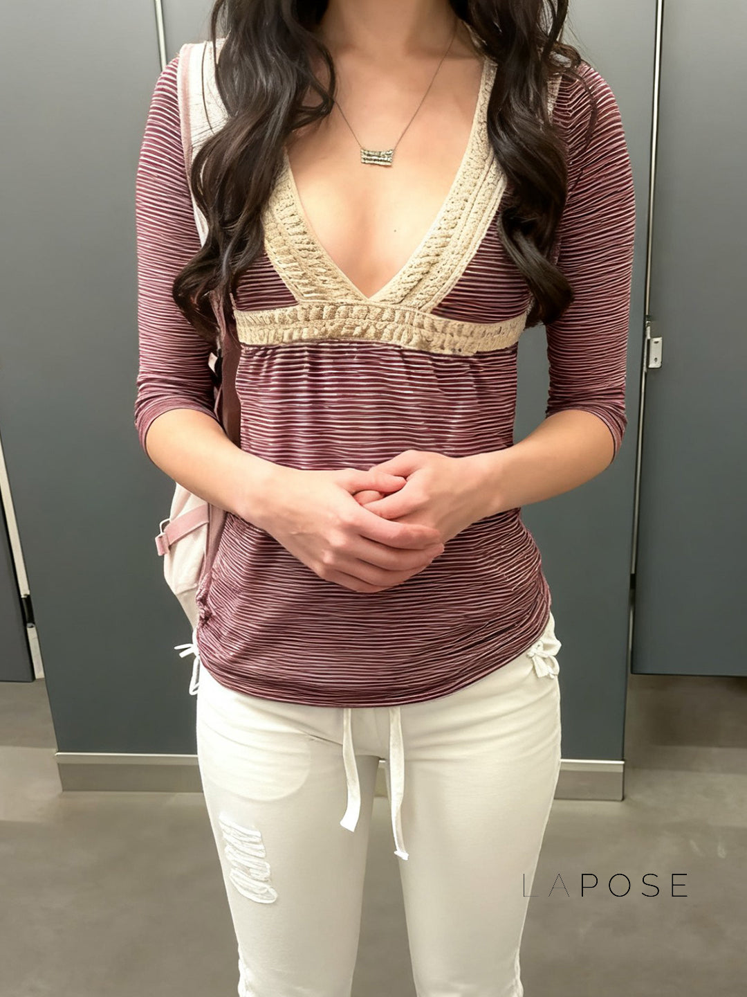 Haley Red Striped Lace Top [DQ2RA292]