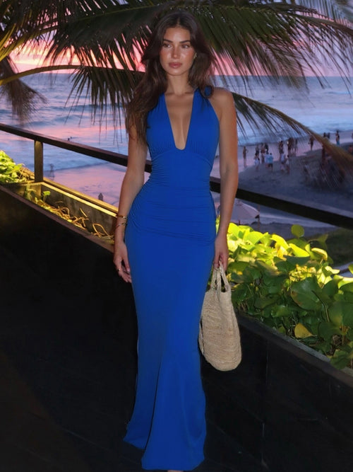 Halter Neck Pleated Maxi Dress [DQARYU3Y]