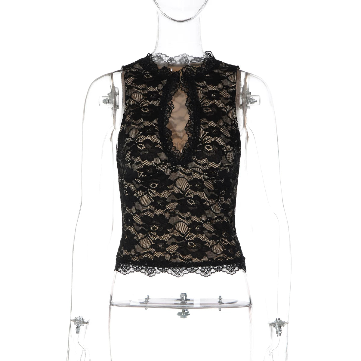 LaPose - Hayat Lace Keyhole Cut-Out Top - Black Color