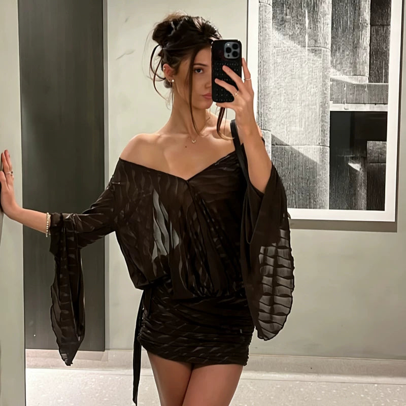 LaPose - Haylee Sheer Mesh Backless Mini Dress - Brown Color