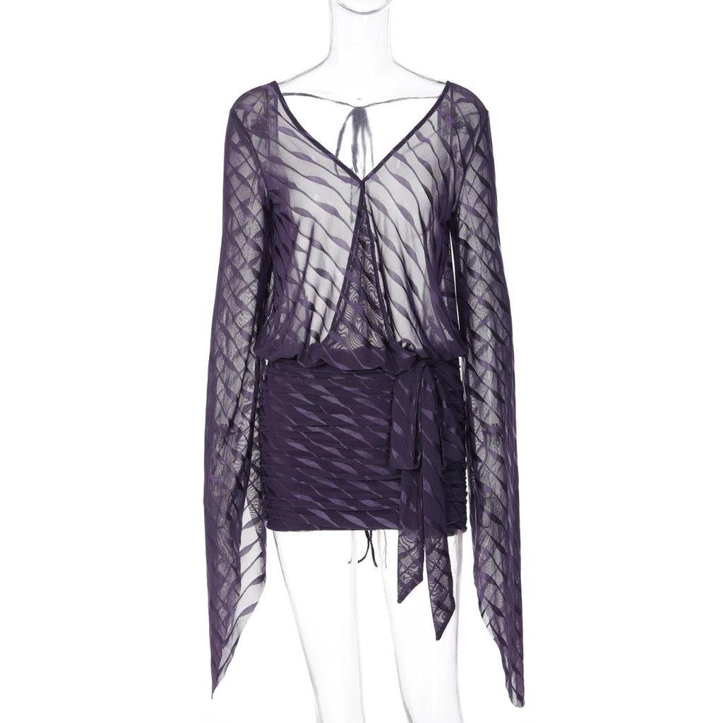 LaPose - Haylee Sheer Mesh Backless Mini Dress - Purple Color