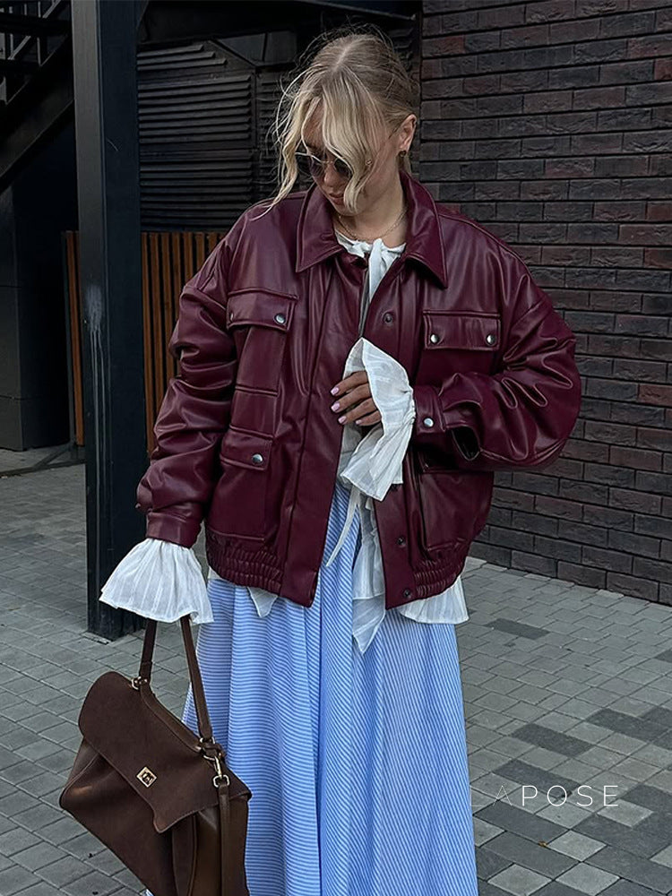 Hinata Red Faux Leather Moto Jacket [ORNZAU5W]