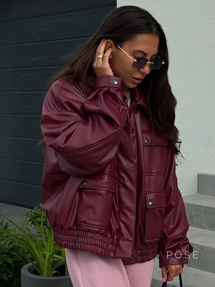 Hinata Red Faux Leather Moto Jacket [FDLNCPDF]