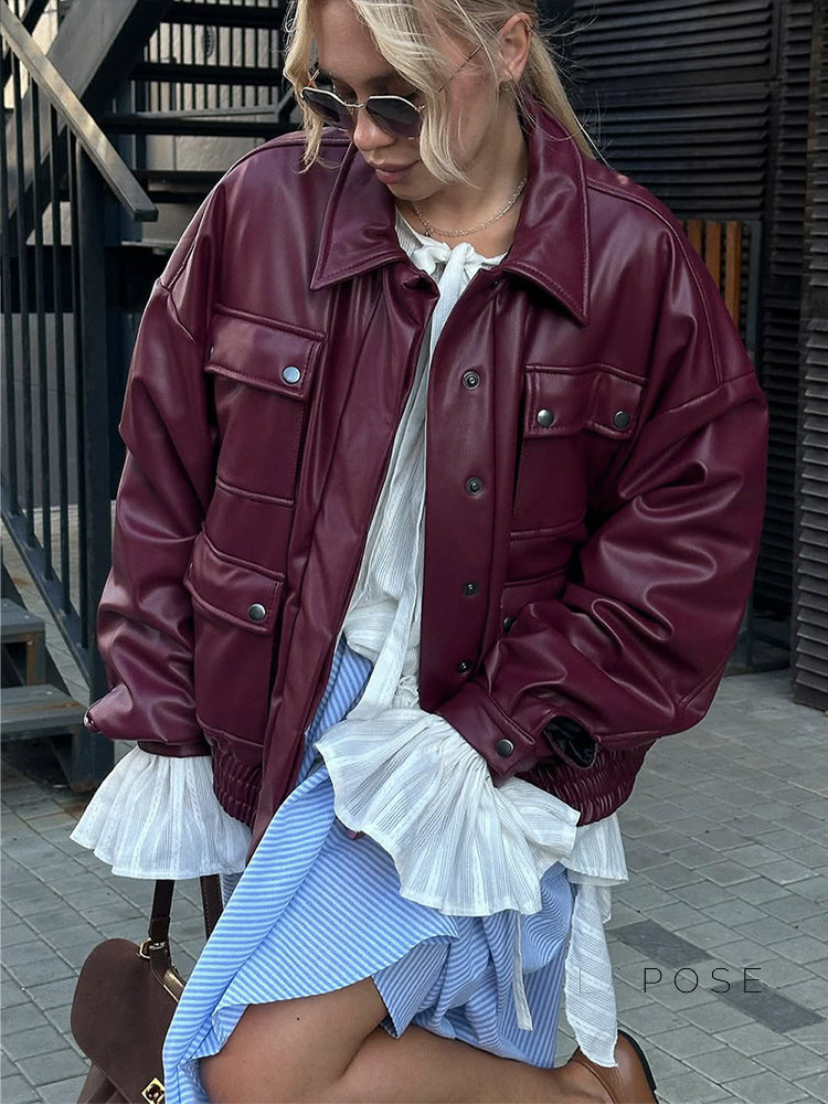Hinata Red Faux Leather Moto Jacket [HJ5L7TPR]