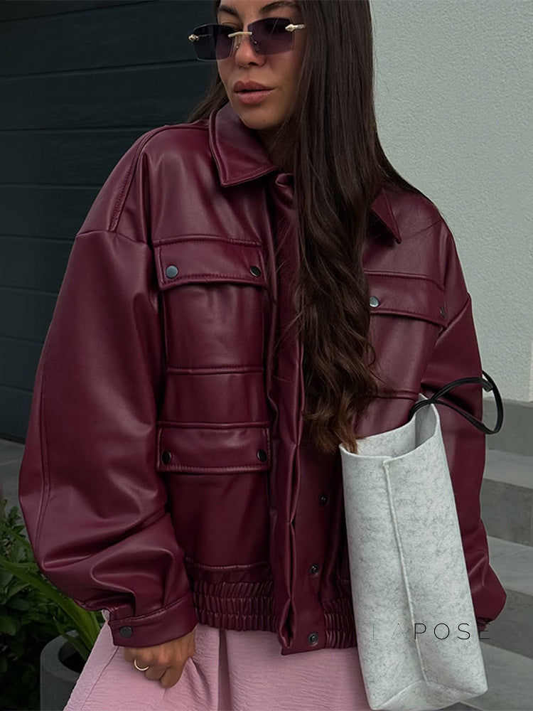Hinata Red Faux Leather Moto Jacket [0MT8I8VE]