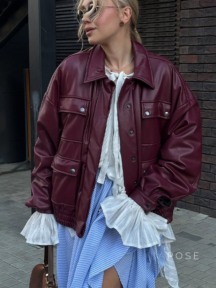 Hinata Red Faux Leather Moto Jacket [HUSOQCKR]