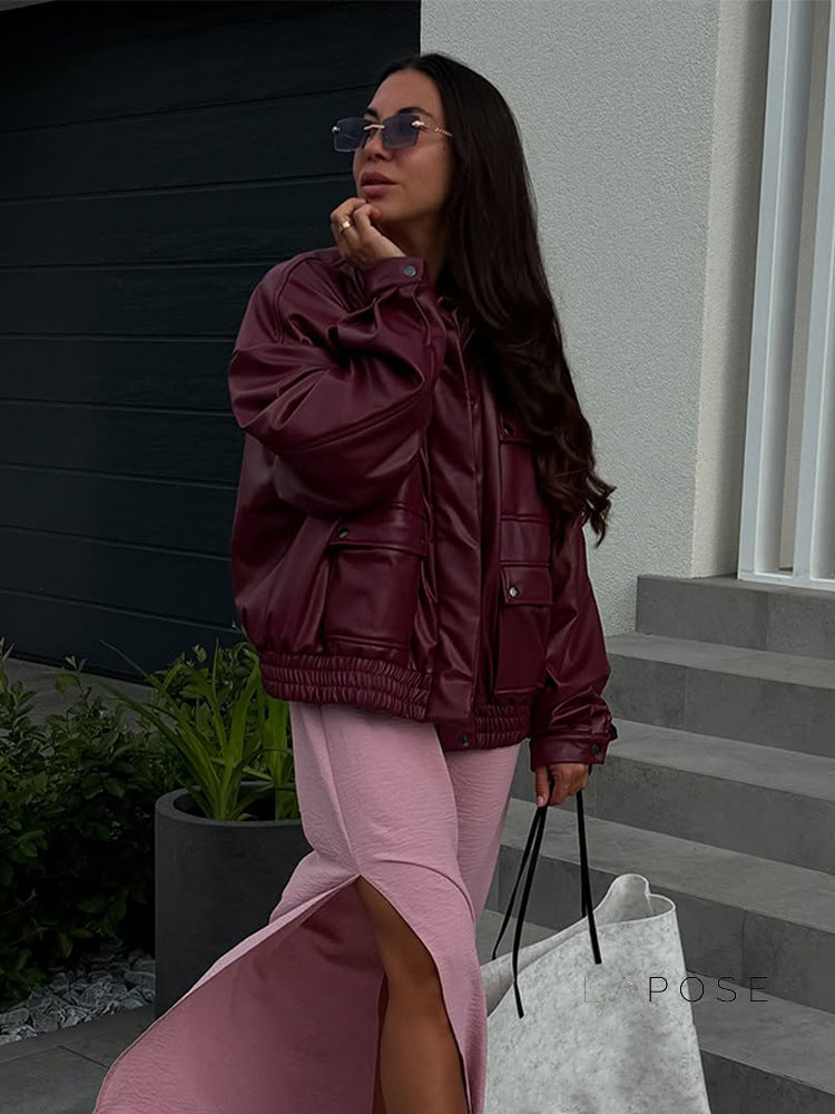 Hinata Red Faux Leather Moto Jacket [6VVLWQVN]
