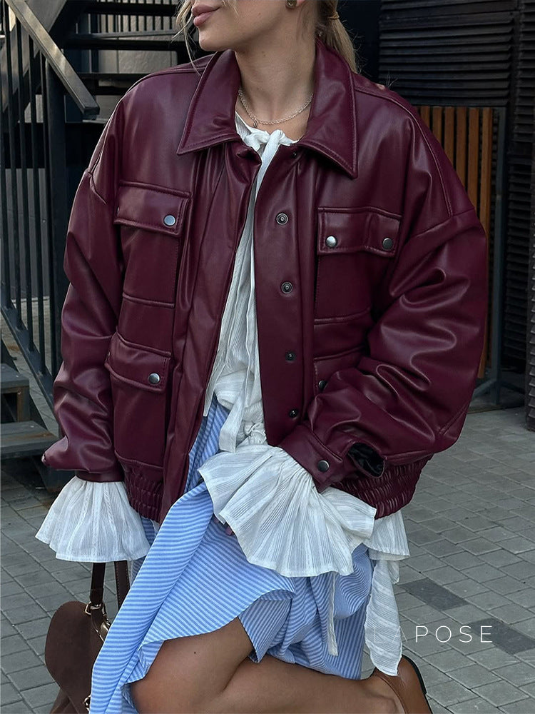 Hinata Red Faux Leather Moto Jacket [E7FC0CPW]