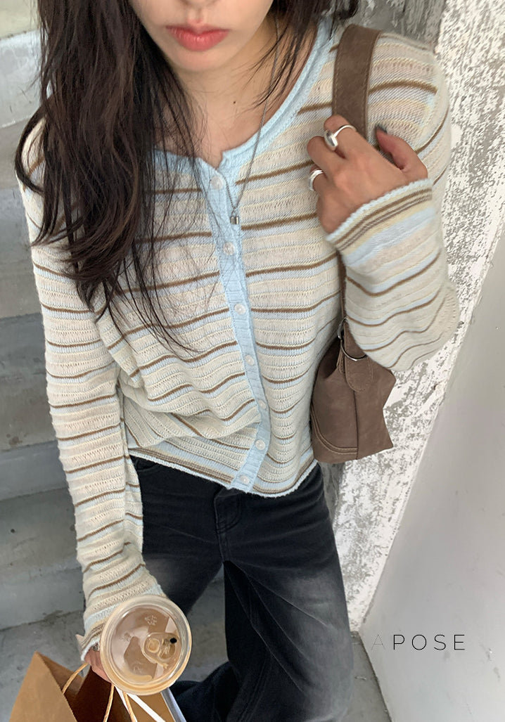 Honey Short Striped Knit Cardigan [1G45IT1O]