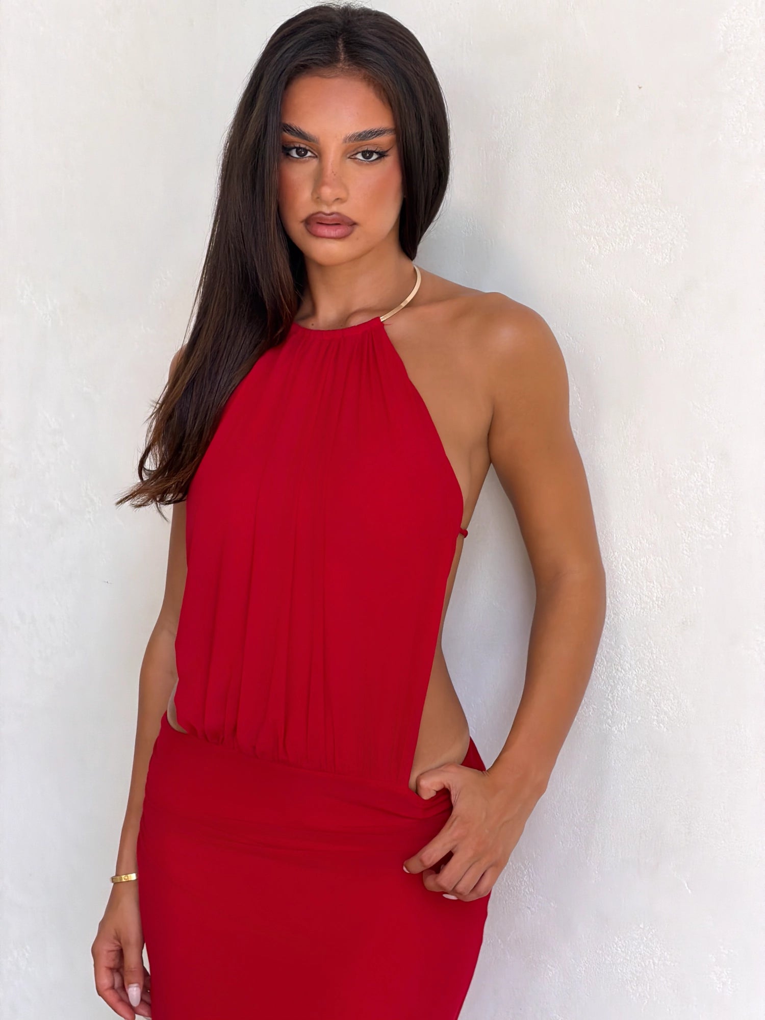 LaPose Ily Ruched High Neck Maxi Dress
