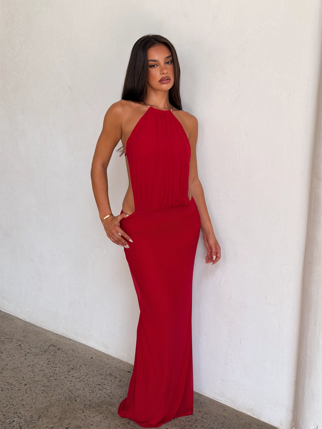 LaPose Ily Ruched High Neck Maxi Dress