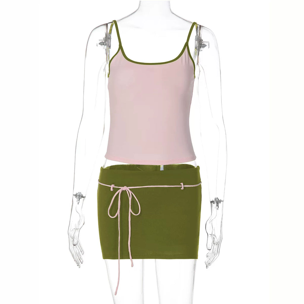 Indiana Contrast Trim Skirt Set - Pink Color