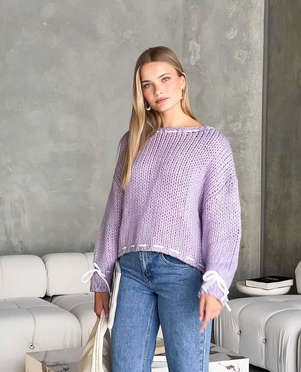 LaPose - Ingrid Chunky Knit Bow Sweater - Purple Color