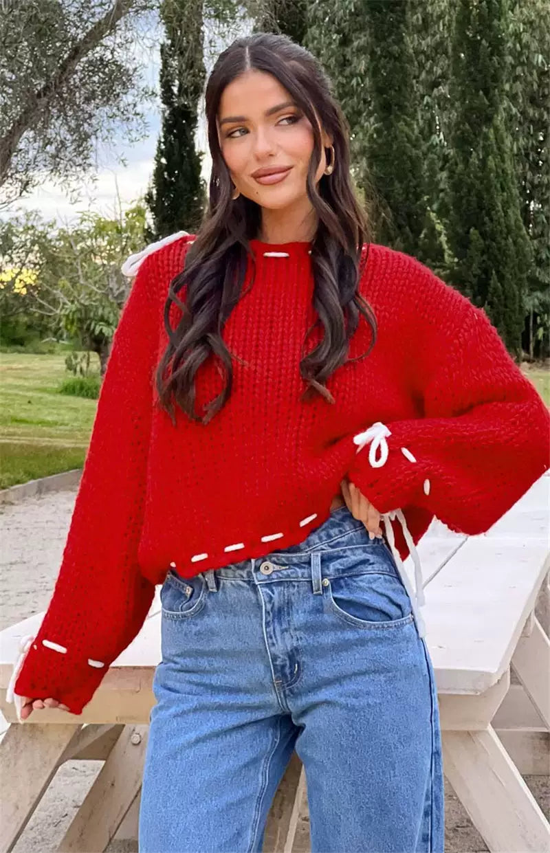 LaPose - Ingrid Chunky Knit Bow Sweater - Red Color