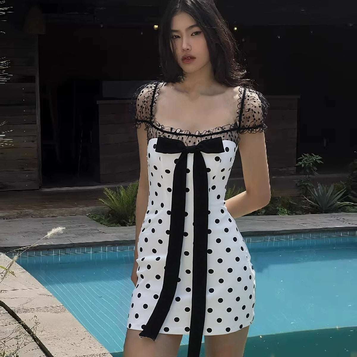 LaPose - Isabellah Polka Dot Lace Mini Dress