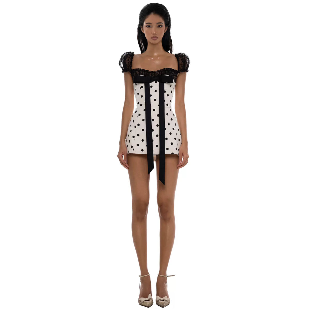 LaPose - Isabellah Polka Dot Lace Mini Dress - White Color